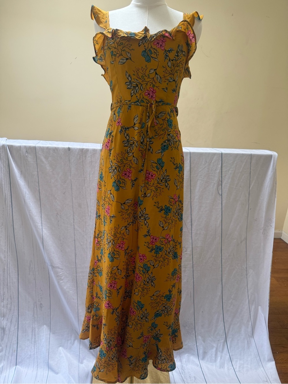 Floral Ruffle-Strap Wide-Leg Jumpsuit in Mustard